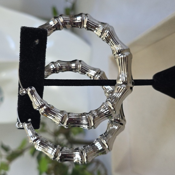 Silver Large Doorknocker Bamboo Hoop Earrings - Picture 10 of 12